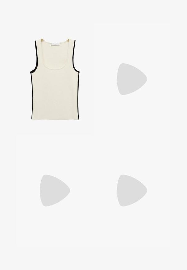 White ribbed tank top with black piping along the edges and scoop neckline. Made from a stretchy fabric, featuring no additional patterns or hardware.; Cream-colored satin wide-leg pants with black embroidered geometric patterns along the hem. Features a smooth texture and tailored silhouette.; Beige leather block-heel pump with a pointed toe, black trim along the opening, and a thin adjustable slingback strap with gold hardware.; Cream leather handbag with a crescent shape, gold hardware, black accents, and a removable strap. Features a chain detail and tag.
