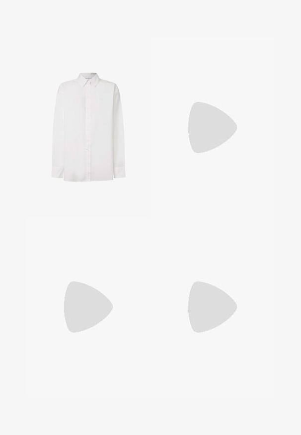 White long-sleeve shirt made of cotton. Features a button-down collar, front buttons, and a straight hem. Subtle branding on the chest.; Dark green wide-leg jeans made of cotton blend, featuring a front button closure, five pockets, and classic denim stitching.; Brown leather sandal with a cross-strap design, flat black sole, and adjustable back strap. Smooth texture and minimal hardware details.; Tote bag in a tiger stripe pattern, featuring a beige base with black stripes, smooth texture, and black accents. Adjustable strap included.