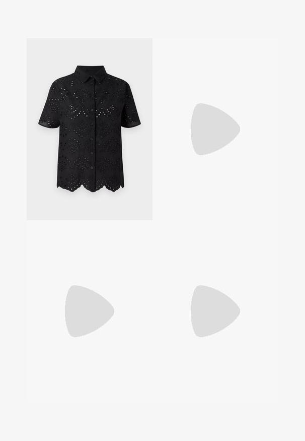 Maglietta nera a maniche corte con ricami a giorno e orlo ondulato, chiusura con bottoni. Tessuto leggero con un motivo testurizzato.; Shorts in denim blu chiaro con finitura sbiadita. Presentano una chiusura con bottone, cinque tasche e un design a gamba dritta.; Mary Jane nere in pelle verniciata con punta rotonda, tacco a blocco largo, cinturino regolabile con fibbia e suola testurizzata.; Borsa a tracolla nera in pelle con una forma curva, manico rimovibile e accessori dorati. La borsa presenta una patta con un dettaglio a fibbia.