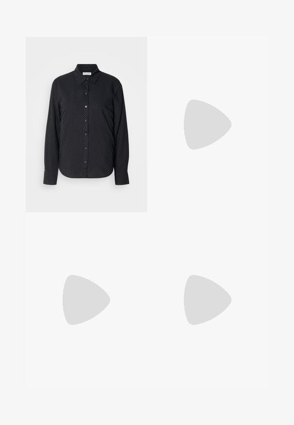 Marc O'Polo CASUAL FIT KENT COLLAR PRINT - Button-down blouse - black grey; Dark blue wide-leg jeans in denim fabric with a high waist, featuring orange stitching, five-pocket design, and a button closure.; Black high-heeled sandals feature thin straps with a knotted design, a smooth square toe, and a sleek stiletto heel.; Black leather clutch bag with a rectangular shape, smooth texture, a flat flap closure, and a small handle on the side. Features subtle logo.; Silver metal earrings with a smooth, teardrop shape and a polished finish. Subtle engravings add detail. Minimalist design.