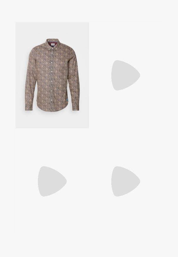 Camicia a maniche lunghe in tessuto marrone con un motivo vorticoso in crema e blu navy. Collo a punta con bottoni, abbottonatura frontale e maniche con polsini.; T-shirt bianco in cotone con maniche corte, scollatura rotonda e una consistenza liscia. Design semplice senza motivi o grafiche.; Jeans in denim nero con design a gamba dritta, cinque tasche, chiusura con bottone metallico e dettagli di cucitura sottili. Tessuto liscio e colore solido.; Sneaker Nike Air Jordan alta in bianco, grigio e nero con interno rosa e linguetta gialla, posizionata su una superficie di cemento.; Occhiali da sole neri a forma quadrata con lenti marroni, caratterizzati da una finitura opaca e dettagli dorati sulla montatura. Il design è angolare con aste larghe.; Borsa a tracolla nera in pelle con forma rettangolare, tasca frontale con zip, tracolla regolabile e logo in rilievo sul fronte.