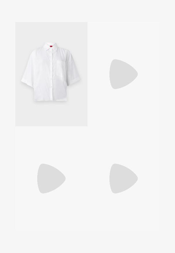 White short-sleeve button-up shirt with a collar and a single chest pocket. Fabric appears lightweight with a slightly textured finish.; Light blue denim shorts featuring a wide cut, frayed hem, and distressed areas with visible stitching. Classic five-pocket design.; Pale pink ballet flats made of smooth material with a rounded toe, a flexible back, and a small black heel.; Black leather handbag with a gathered top design, featuring two short handles and a long adjustable strap. Smooth texture, rounded shape.