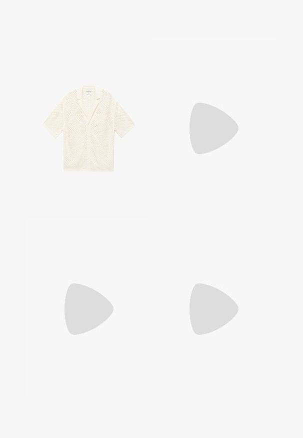 Cardigan din tricot cu mânecă scurtă, de culoare ivory, având un model deschis asemănător dantelei și un guler cu tăietură. Se închide cu nasturi în față și are un design lejer.; Pantaloni bej cu croi drept, dotati cu un singur nasture negru, bucle pentru centură și buzunare laterale. Textură de țesătură netedă și design minimal.; Adidași negri cu un superior din suede și plasă, accente galbene și o talpă groasă neagră. Închidere cu șireturi și branding "POLO SPORT" pe lateral.; Ochelari de soare albi cu rame rotunde și lentile închise la culoare. Prezintă o textură plastică netedă și un logo mic pe bradă.