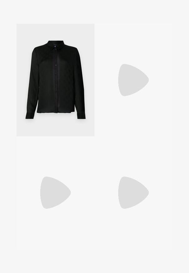 Black long-sleeve button-up shirt with a collar, featuring a subtle textured pattern and black buttons along the front placket.; Light blue denim flared jeans with a high waist, featuring two buttons and front pockets. Fabric has a faded texture with subtle variations.; Beige high-heeled shoes with a textured fabric featuring a repeating pattern. Pointed toe design with a back accent and gold heel detail.; Black sequin mini handbag with a knotted textured strap and silver chain. Rounded shape with gathered top and reflective detailing.