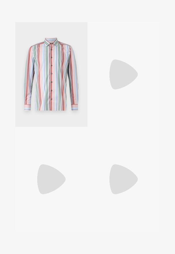 Button-up shirt featuring vertical stripes in multiple colors: red, green, blue, and white. Long sleeves and standard collar design.; Set of five t-shirts in black, white, and navy blue. Cotton fabric, short sleeves, crew neck design, and plain texture with no patterns.; Green patterned trousers featuring a snake print design with shades of brown and orange, straight cut, and a smooth texture.; Black leather loafers with a smooth finish, rounded toe, and a small decorative flap. Features a low stacked heel and subtle branding detail.