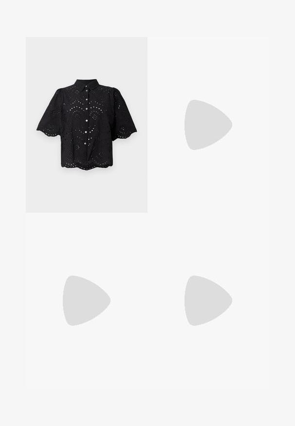 Black short-sleeve shirt featuring eyelet embroidery, scalloped hem, and button closure. Lightweight fabric with floral cut-out patterns.; Black pleated trousers with an elastic waistband. Features wide legs and a smooth, textured fabric with vertical stripes.; Black ankle boots made of smooth leather, featuring a side zipper, chunky textured heel, and rounded toe design.; Black leather tote bag with smooth texture, rectangular shape, and two long handles. No visible hardware or embellishments.