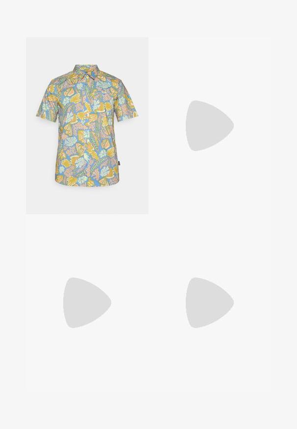Short-sleeve shirt in light blue with a vibrant floral pattern in yellow, green, and orange. Features a pointed collar and button front.; Light blue shorts with an elastic waistband, featuring a smooth texture, tailored seams, and a small logo tag on the lower left side.; Havaianas TOP UNISEX - T-bar sandals - black; KUZZOI VINTAGE  - Bracelet - braun