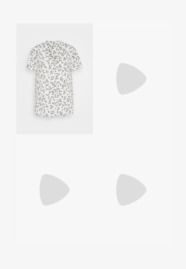 Esprit V NECK - T-shirt con stampa - off white; Gonna a pieghe floreale in tessuto leggero, caratterizzata da una combinazione di tonalità rosa, verde e viola. Scende sotto il ginocchio con una vita arricciata.; Slingback bianco con punta affusolata, materiale superiore liscio, tacco basso a blocco e design con ritagli laterali, dotato di cinturino regolabile con fibbia.; Occhiali da sole rotondi con lenti scure e montatura dorata. Il modello indossa un cardigan leggero azzurro a costine con bottoni e maniche bianche a contrasto.; Wristlet Michael Kors in tela rivestita beige con motivo a logo MK ripetuto, hardware dorato e tracolla a catena staccabile.