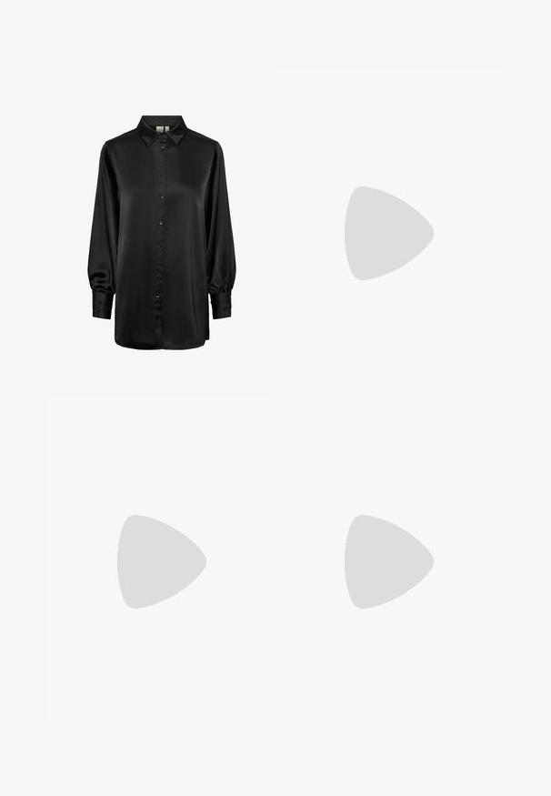 Black satin blouse with a collared neckline, long puff sleeves, and a front button closure. Smooth texture and shiny surface.; Black wide-leg trousers with high waist, button details on waistband, and front pleats.; Black leather pump with a pointed toe and a low block heel. Features an ankle strap with a gold-tone buckle. Smooth texture.; Black leather tote bag with two long handles, a smooth texture, and a structured shape. Features a front pocket for additional storage.