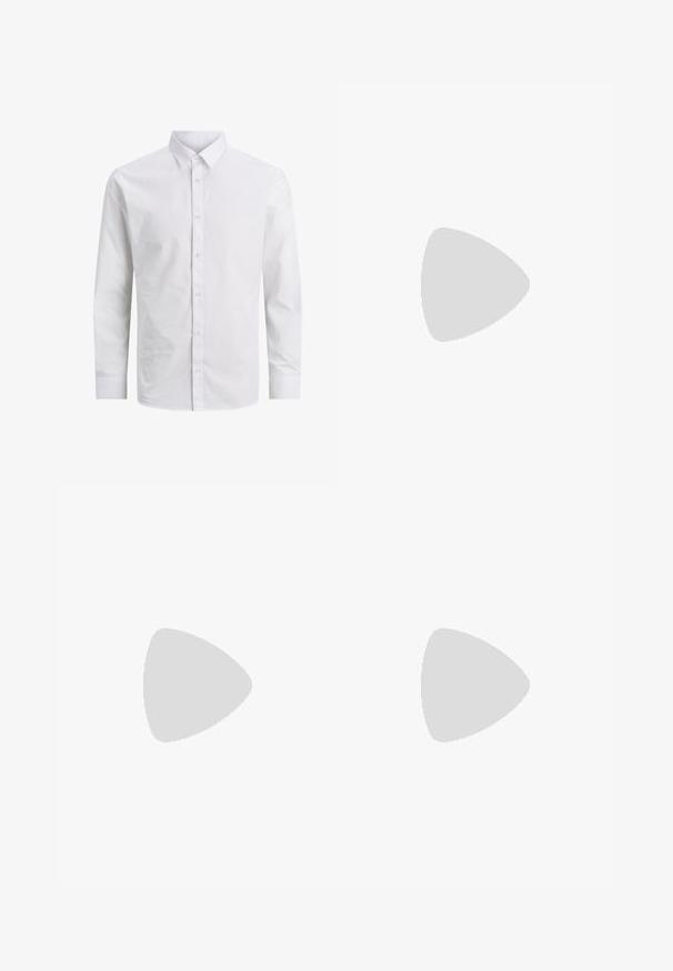 Bela srajca z dolgimi rokavi, izdelana iz gladkega bombaža, s klasičnim ovratnikom in sprednjim gumbom, brez vzorcev ali okrasnih elementov.; Oprijete jeans hlače iz izbledele sive denima, z obrabljenimi detajli na kolenih, v kombinaciji z belimi športnimi copati. Gladka tekstura, oblikovan slim fit dizajn.; Bela usnjena športna obutev s perforacijami, okroglo konico, ravnim podplatom in debelimi vezalkami, z vidnim logotipom smoosh in napisom "AIR" na peti.; Srebrna nerjaveča jeklena ura z modrim številčnico, kovinskimi kazalci ter oknom za datum na 3. uri. Vodoodporna do 50 metrov.