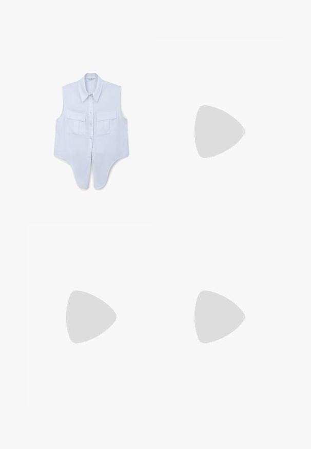 Camicetta bianca senza maniche con colletto a punta, dotata di due tasche anteriori a toppa, chiusura con bottoni e orlo curvo. Materiale in cotone.; Jeans a gamba larga blu scuro in tessuto denim con cuciture bianche, dotati di due tasche frontali e chiusura a bottoni classica.; Sneaker alta bianche con suole spesse e rigate e dettaglio del logo circolare, indossate con jeans di denim azzurro chiaro a gamba larga.; Occhiali trasparenti marroni di grandi dimensioni con lenti rettangolari e aste sottili. Angoli angolati e leggermente arrotondati con accenti di hardware visibili.; Borsa hobo in pelle nera con una forma morbida e curvata. Presenta un ampio manico superiore e pieghe alla base per una texture morbida.