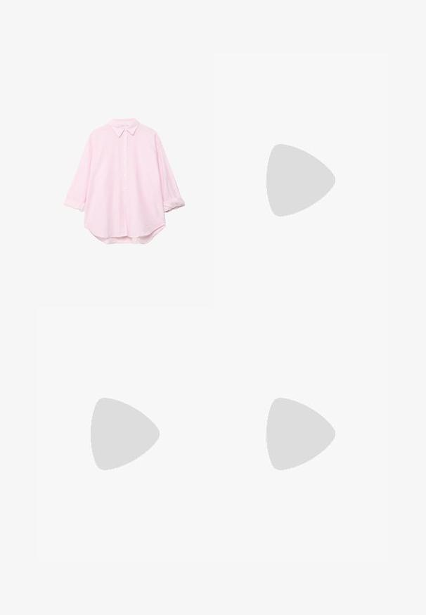 Stradivarius RUSTIKALES HEMD DAILY  02027022 - Button-down blouse - light pink; Stradivarius FLOWING STRAIGHT - Trousers - mottled pink; Stradivarius CORSET  - Classic heels - pink; Pink leather handbag with a curved flap, single shoulder strap, and clean lines. The bag exhibits a smooth texture and minimalistic design.
