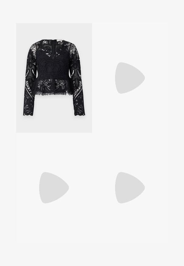 Must mustriba peplum tip, mille varrukatega, keeruliste lillemusterte ja sakilise hemiga. Omab ümmargust kaelust ja seljal tõmblukku.; Mustad kohandatud püksid kõrge vöökohtaga, ees plisseeritud, sirge sääre disainiga ja mansetiga hem. Valmistatud sileda kangaga.; Mustad musta naha jalanõud, millel on jäme ribaga tallad, ringikujuline hõbedane detail ja minimaalne õmblusdetail.; Pruun tekstureeritud nahk ristkeha kott kuldse ahelaga rihmaga ja klapiga sulgemine. Esiküljel on logo detail ja tasku klapi all.