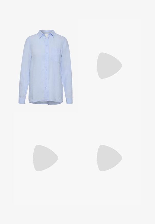 Lichtblauwe linnen overhemd met een kraag, lange mouwen, sluiting met knopen aan de voorkant en een enkele borstzak. Zachte textuur, ontspannen pasvorm.; Lichtblauwe denim wijde-lange jeans met een hoge taille, voorzien van een vervaagde wassing en kleine, verspreide versleten details overal.; Crème- en lavendel-sneakers met drie strepen en een gestructureerde bruine zool, voorzien van veters en een gewatteerde hiel. Zachte stoffen bovenkant.; Grote beige canvas draagtasje met bruine leren hengsels, met een minimalistisch ontwerp en zichtbare stikaccenten.