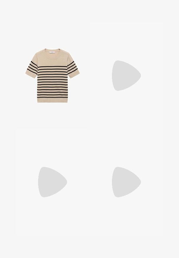 Béžový svetr s krátkým rukávem, černými vodorovnými pruhy, kulatým výstřihem a pletenou texturou. Jednoduchý, klasický design bez dalších akcentů.; Černá plisovaná midi sukně s texturovanou tkaninou, obsahující vertikální sklady a přiléhavý pas, který vytváří splývavou siluetu.; Béžové kožené sandalové podpatky s špičatou špičkou, blokovým podpatkem a páskem s malou zlatou sponou. Hladká textura, minimalistický design.; Černé sluneční brýle ve stylu kočičích očí s ostrým designem, nošené s prošívanou olivově zelenou bundou s límcem a diamantovým vzorem.; Černá kožená kabelka se strukturovaným designem, se zlatým kulatým logem, horní rukojetí a odnímatelným ramenním popruhem.