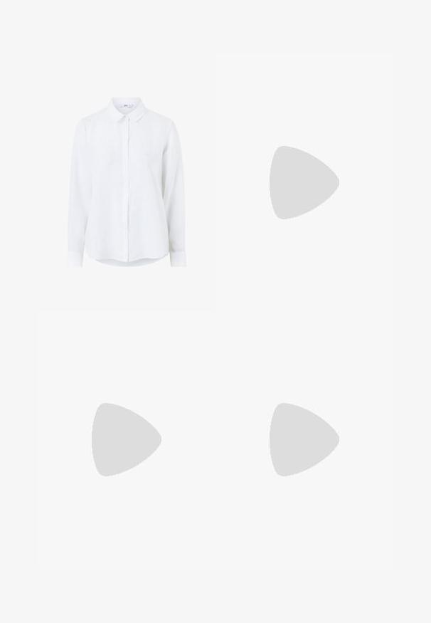 Camicia bianca a maniche lunghe realizzata in lino, con chiusura a bottoni sul davanti, colletto classico e maniche con polsini. Texture liscia con un aspetto leggero.; Pantaloni culotte neri in poliestere con una cintura elastica, due pieghe frontali e una silhouette ampia. Nessun motivo visibile o dettagli in metallo.; Infradito neri con una finitura lucida, tre sottili cinturini e un dettaglio hardware circolare sulla punta. Design elegante con un tacco minimale.; Borsa a spalla in vernice nera con forma curvata, una tracolla, tasche frontali e dettagli in metallo argentato.
