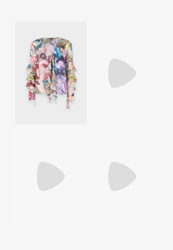 Monivärinen kukkablouse, jossa on rypytetyt hihat, pehmeää kangasta, V-pääntie, sekä yhdistelmä eläinkuosia, joissa on eloisia sävyjä pinkkiä, sinistä ja vihreää.; Mustan laskostetun midihameen, jossa on sileä, joustava vyötärönauha ja läpikuultava päällyskangas, jossa on hienoja pystylaskoksia koko kankaan ajan.; Musta nahkainen ballerina, jossa on pyöristetty kärki, sileä pinta, minimaalinen ommelkoristelu ja joustava pohjamuotoilu.; Musta nahkakäekott, millel on frantsiisidetailid, kuldne õlgade rihm ja lõikega käepide. Ees on logo paigutus.