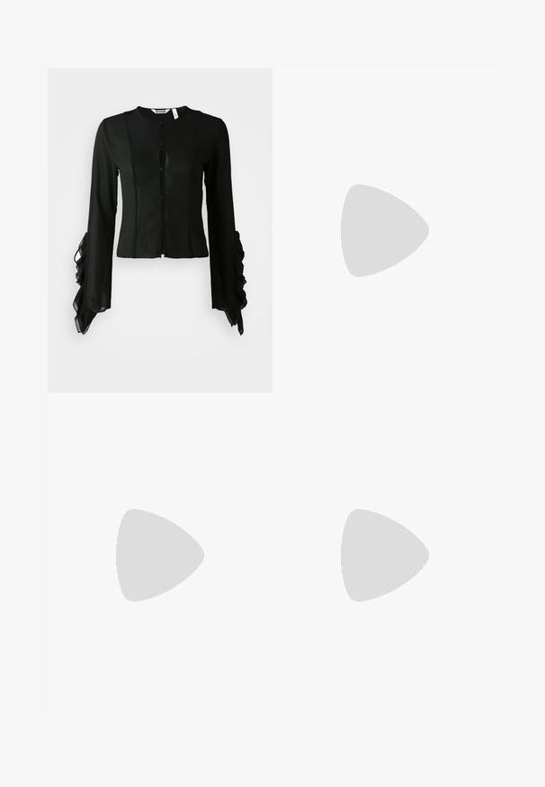 Weekday SASHA LONGSLEEVE FRILL  - Blouse - black; Weekday Mini skirt - black; Mango LUISA - Slip-ons - black; Desigual SHINY FLAP - Handbag - red