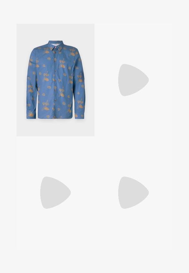 Long-sleeve button-up shirt made of blue fabric with a golden floral pattern. Features a collar, front buttons, and buttoned cuffs.; Filippa K TERRY CROPPED TROUSERS - Trousers - sage melange; White and black sneakers with a smooth leather upper, textured accents, and a chunky white sole. Features a classic lace-up design.; Black round sunglasses with dark lenses and slim metal arms. Includes clear temple tips and silver accents at the hinge. Minimalist design.