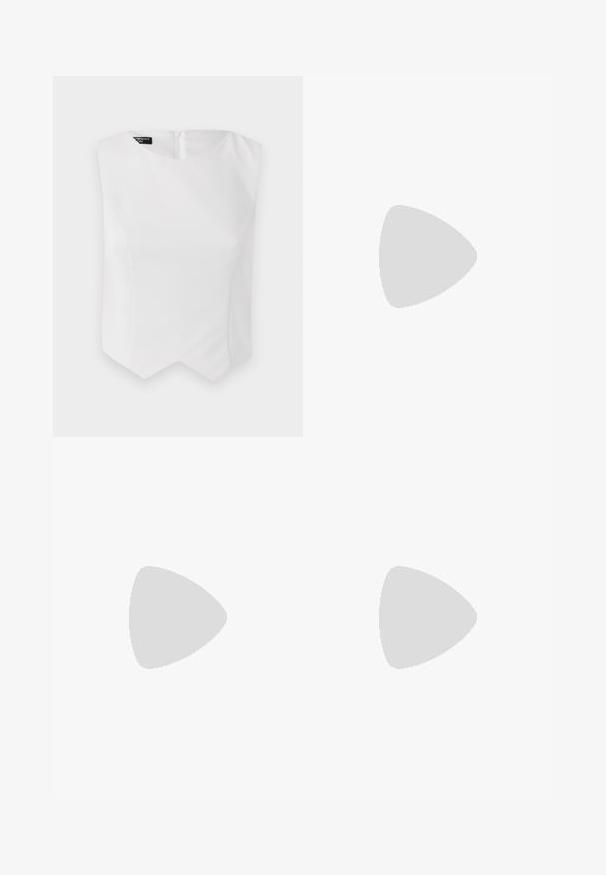 White sleeveless top with a rounded neckline, fitted shape, and a unique zigzag hem. Crafted from smooth fabric with a concealed back zipper.; Black flared jeans with a smooth texture, featuring a gold-tone hardware detail at the waistband and classic five-pocket design.; Black leather ballet flat with a rounded toe, smooth texture, minimal stitching detail, and a flexible sole design.; Tan woven leather clutch bag with a metallic chain strap and a rectangular shape. Features a logo plaque on the front. Smooth texture.