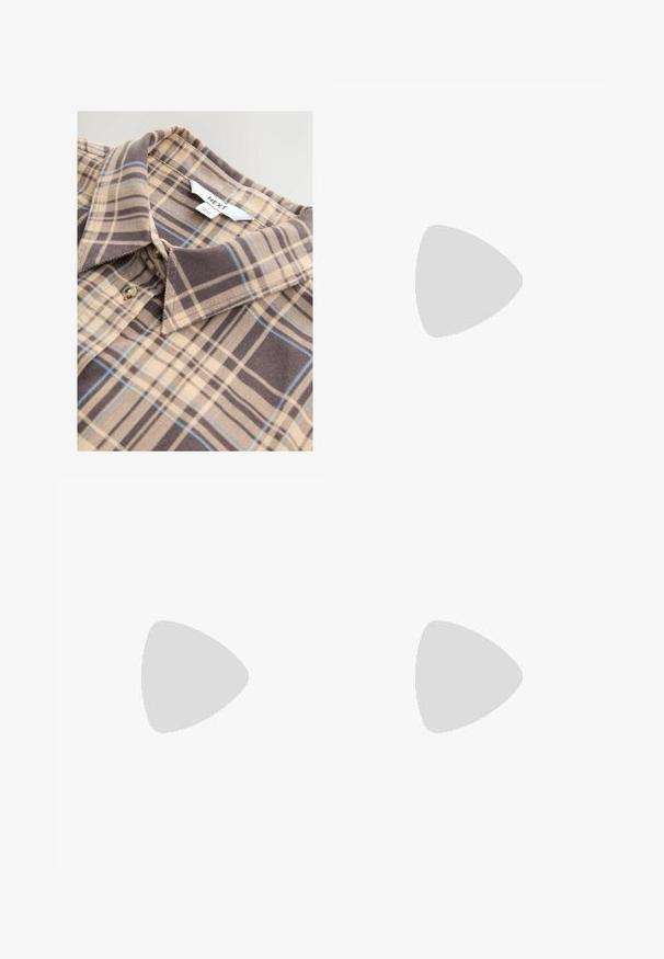 Checked beige shirt featuring brown and blue plaid patterns, collar, and button closure. Made of soft fabric with a smooth texture.; Light gray short-sleeve T-shirt with a V-neckline, made from soft material; features a relaxed fit and clean stitching with no patterns.; Light gray wide-leg trousers made of a textured fabric, featuring a button closure and two pleats at the front for added detail.; Beige platform sandals with thick soles feature a strappy design and adjustable ankle straps. Worn with wide-leg denim pants, one hem is frayed.; Brown leather crossbody bag with a curved shape, gold hardware, and a buckle accent. Features a detachable shoulder strap.