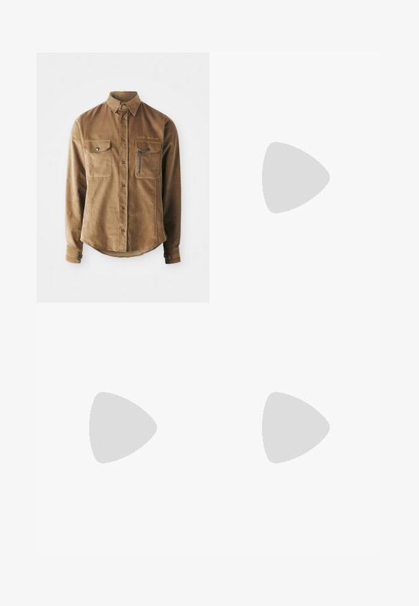 Brown corduroy shirt featuring a button-down collar, two chest pockets, and a zippered pocket on the left side. Button closure down the front.; Black cotton t-shirt with short sleeves, featuring a red embroidered heart design on the left chest. Classic crew neckline, relaxed fit.; Emporio Armani TROUSER - Trousers - nero; Black leather sneaker with a low profile, rounded toe, and lace-up closure; features a textured rubber sole and logo detail on the heel.