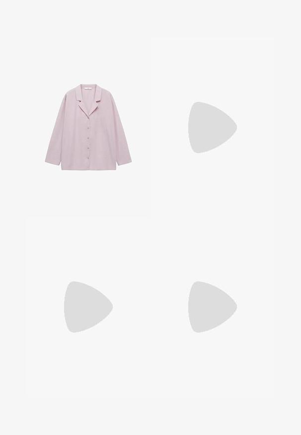 Camicia a maniche lunghe, di colore rosa chiaro, con colletto a punta, taschino sul petto e vestibilità comoda. Tessuto morbido e superficie liscia.; Pantaloni a gamba larga in finta pelle marrone con vita alta, dotati di tasche frontali e chiusura con bottone classico. Texture liscia e finitura opaca.; Décolleté in vernice nera con punta affusolata e tacco in geometria cubica. Presentano un design elegante e minimalista, con una texture liscia.; Borsa a tracolla nera in pelle con una forma curva, manico rimovibile e accessori dorati. La borsa presenta una patta con un dettaglio a fibbia.