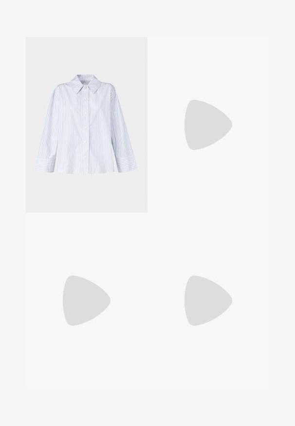 Blue and white striped button-up shirt with a collar, long sleeves, and a relaxed fit. Made of lightweight fabric, featuring a front button closure.; Black tailored trousers with a straight-leg design, featuring a smooth texture and crisp creases along the front. No visible hardware.; Black leather mules with a pointed toe and low, block heel. Smooth texture with a sleek design. Open back with minimal detailing.; Black leather handbag with a structured design, featuring a cropped shape, top handle, and gold hardware accent. Adjustable shoulder strap included.