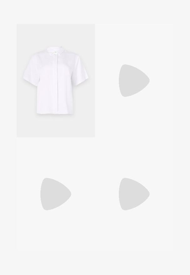 Short-sleeved white shirt made from smooth fabric, featuring a pointed collar and a button placket with a green accent button.; Pleated white skirt with a black elastic waistband featuring the "LACOSTE" logo. Mid-length design with soft texture.; White leather sneakers with a thick white sole, black suede heel accent, and embossed logo on the side. Laced design with six eyelets.; Black oversized sunglasses with a geometric shape, featuring dark lenses and a contrasting grey detail on the frame. Logo on the arm.