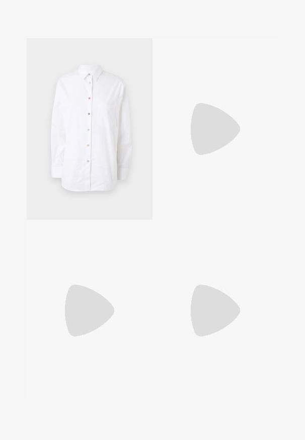 White long-sleeve shirt made of cotton. Features a button-up front with colored buttons, a chest pocket, and a classic collar.; Black wide-leg trousers made of a smooth fabric, featuring a high waist, front pleats, a button closure, and a straight silhouette.; Black leather ballet flat with a rounded toe, smooth texture, minimal stitching detail, and a flexible sole design.; Navy leather handbag with two long handles, a buckle detail, and a keychain attached. Features a smooth texture and a rectangular shape.