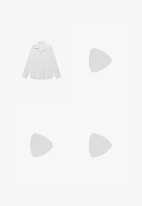 Weißes Langarmhemd aus einem glatten Stoff. Verfügt über einen klassischen Kragen, eine Knopfleiste und geknöpfte Manschetten mit einer lockeren Passform.; Mango Stoffhose - sand; Schwarze Lackleder-Slingback-Ballerinas mit spitzem Zehenbereich, transparentem Seitenpaneel und flacher Sohle, die ein glattes, glänzendes Finish aufweisen.; Braune Leder-Tote mit glatter Textur, offenem Oberteil und zwei Schulterriemen. Verfügt über minimale Nähte und keine sichtbaren Beschläge.
