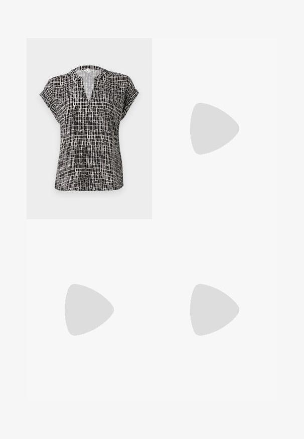 Blouse à manches courtes en noir avec un motif à carreaux. Dotée d'un col en V et d'une coupe décontractée. Fabriquée en tissu léger avec une texture lisse.; Sac noir et blanc présentant un motif géométrique en forme de diamant, fabriqué en tissu avec une finition texturée. Conçu avec une ouverture à rabat.; Escarpins slingback en cuir verni noir avec un embout pointu, un design à découpes arrondies et un talon carré. Présente un accent de boucle en ton doré.; Grand sac fourre-tout en paille avec un extérieur texturé beige et deux grandes poignées. Présente une sangle en cuir pour la fermeture.
