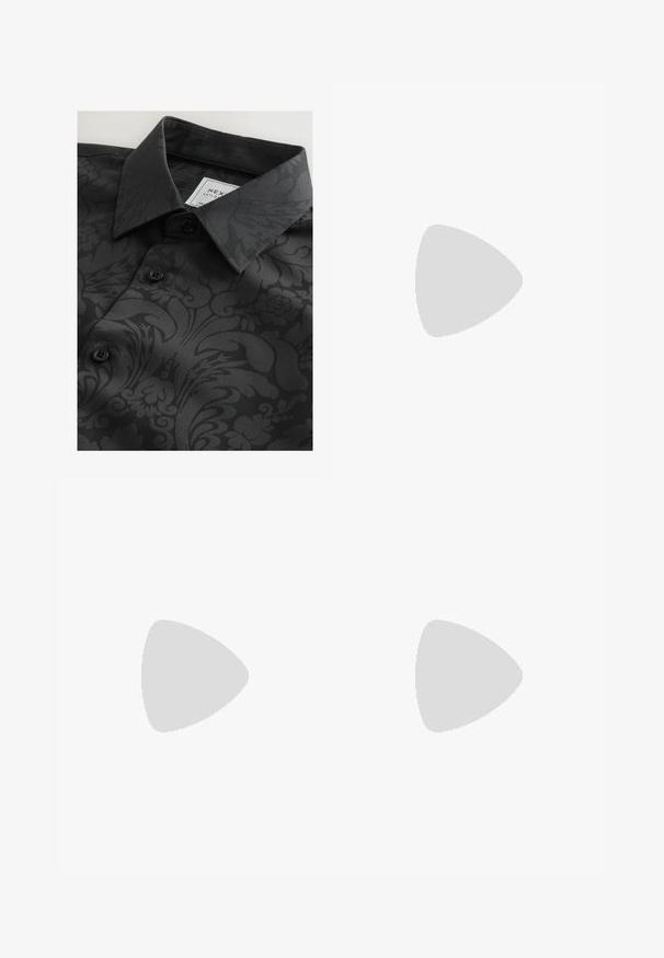 Must koos mustreid ja lillede ning abstraktsete kujunditega, klassikaline krae ja mustad nööbid. Silt nähtav krae sees.; Mustad mustad püksid, mis on valmistatud puuvillast, elastse vöökoha ja paelaga, küljetaskud ja kitsenevad varrukaotsad.; Valged nahast tennisetossud, millel on perforatsioonid, ümar nina, lame tallus ja paksud nöörid, nähtava swooshi logoga ja "AIR" kontsadel.; Kilpkonnakuju prillid roheliste läätsega, millel on kaheksanurkne kuju ja kitsad, kaarduvad varred. Materjalil on läikiv viimistlus.