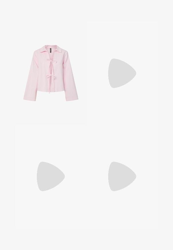 Camicia cropped rosa chiaro con maniche lunghe, dotata di colletto e chiusura a farfallino sul davanti. Realizzata in un tessuto morbido.; Mini gonna blu navy a righe con tasche frontali e una chiusura con un singolo bottone in vita.; Stivale marrone in pelle alto fino al ginocchio, con punta tonda, superficie testurizzata e tacco basso impilato. Presenta un pannello laterale e una linguetta di apertura in cima.; Occhiali da sole rotondi con tonalità marrone, montatura lucida color bordeaux. Aste sottili con un sottile dettaglio del marchio. Design delle lenti piatte.
