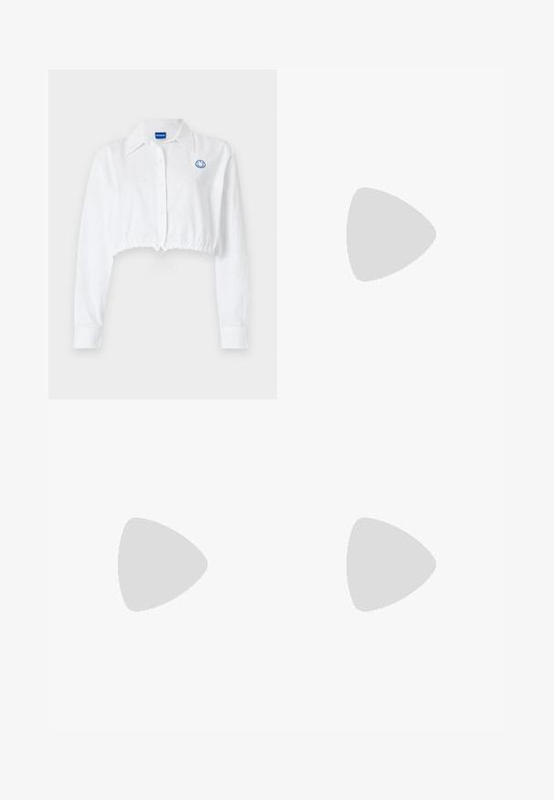 White cropped button-up shirt with a collar and long sleeves. Features a blue smiley logo on the chest and an adjustable waist drawstring.; Black sports shorts with white vertical stripes, elastic waistband, and side pockets. Features branded logo in white on the lower left.; Black leather flat shoe with rounded toe and low heel, designed for casual or formal wear.; Black sunglasses with oval lenses, glossy plastic frame, and slender arms. Features Ray-Ban logo in white on the side.; DRAGON DIFFUSION SANTA CROCE BIG - Handbag - black