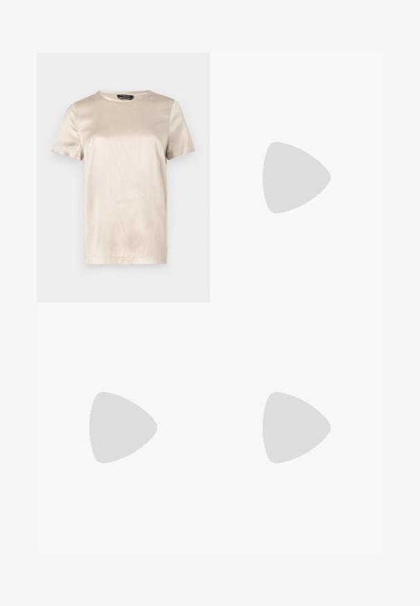 Beige satīna t-kreklis īsām piedurknēm ar apaļu izgriezumu. Gluda tekstūra un neliela spīduma, ar mazu logotipa detaļu tuvumā apakšmalai.; Balta līna mini svārki ar taisnu piegriezumu, ar sānu kabatām un gludu tekstūru. Nav redzamu rakstu vai akcentu.; Melnas papēžu sērijas sandales ar krustu siksnu dizainu no gludas sintētiskās vielas. Iespējo zemu bloku papēdi un dekoratīvu akcentu siksnu savienojumā.; Melns austs plecu soma ar gludu ādas siksnu un rāvējslēdzēja aizdari. Iezīmējas ar teksturētu virsmu un izliekumu.