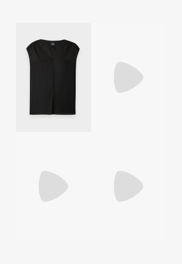 Blusa nera con scollo a V, maniche corte a cappuccio e vestibilità ampia. Tessuto liscio con dettagli di cucitura minimi e senza motivi visibili.; Pantaloni neri su misura con un design a gamba dritta, caratterizzati da una texture liscia e pieghe ben definite sul davanti. Senza hardware visibile.; Tacchi slingback in pelle nera con punta affusolata, caratterizzati da un tacco alto e un accento dorato sulla cinghia regolabile. Texture liscia.; Borsa a mano in pelle nera con un design strutturato, caratterizzata da una forma corta, manico superiore e accessori in metallo dorato. Inclusa tracolla regolabile.