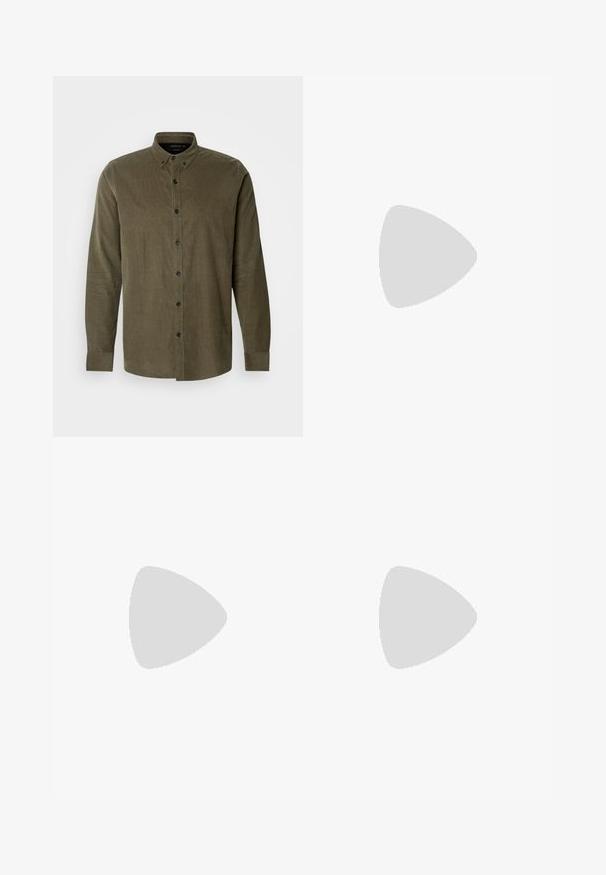 Olivengrønn kordfløyelskjorte med lange ermer, knappestolpe med krage, front knappelukking og svarte plastknapper. Mykt strukturert stoff.; Lys grå denimbukser med rett ben-design, fem lommer og knappelukking. Synlig søm langs sømmene.; Suedeskinn og tekstil gymsko i grønn, brun og beige med tre hvite striper. Har en lys rosa aksent på hælen og teksturert såle.; Runde solbriller med en tynn svart metallramme, mørke linser og justerbare nesepads. Armene har en subtil merkevaredetalj.