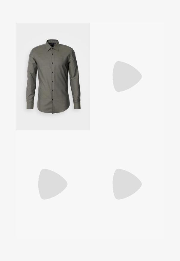 Olive green button-up shirt with long sleeves, a pointed collar, and dark buttons, featuring a textured fabric and a tailored fit.; Light blue denim jeans with a straight-leg design, five pockets, button closure, minimal fading, and contrasting stitching details.; Black leather slip-on shoe with a rounded toe, stitched detailing, and black rubber sole. Smooth texture with minimalistic design.; Dark navy leather briefcase with dual top handles and a detachable strap. Features textured finish, vertical stitching, and logo detail.