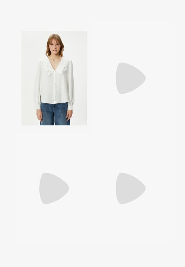 Koton BUTTONED PUFF SLEEVE - Paitapusero - off white; Mustat leveät farkut korkealla vyötäröllä, joissa on etu- ja takataskut, ommellut saumat ja nappisuljenta. Silkinoinen rakenne.; Bershka Korolliset sandaalit - black; Mustekko mustasta kiiltonahasta valmistettu käsilaukku, jossa on kaareva muoto, yksi olkahihna, etutaskut ja hopeanväriset yksityiskohdat.