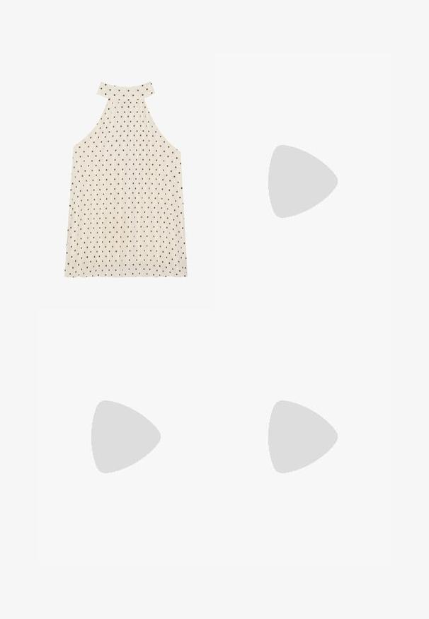 Sleeveless halter top in cream with brown polka dots, featuring a high neckline and pleated fabric for added texture.; A knee-length skirt in a light fabric with a beige, brown, and green abstract pattern. Features a fitted waistband and flowing design.; Pink suede high-heel sandal with a block heel, open toe, and ankle strap featuring a gold buckle detail. Flat front strap.; Brown faux leather shoulder bag with curved shape, minimal stitching, and a gold-tone hardware accent. Features a top zipper closure and adjustable strap.