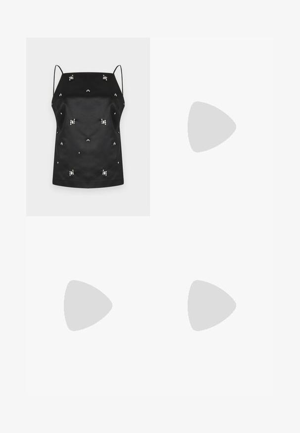 Black satin camisole with thin straps, featuring scattered crystal embellishments and a relaxed shape. Smooth texture and minimal design.; Gray pleated skirt with a smooth texture, featuring multiple vertical folds and a fitted waistline. Made from lightweight fabric.; Black heeled sandals with thin straps, open toe design, and a small, flared heel. The material appears smooth and glossy.; Black faux leather handbag with a crocodile texture, cinched top, and a scrunched strap. Appears soft and compact in design.