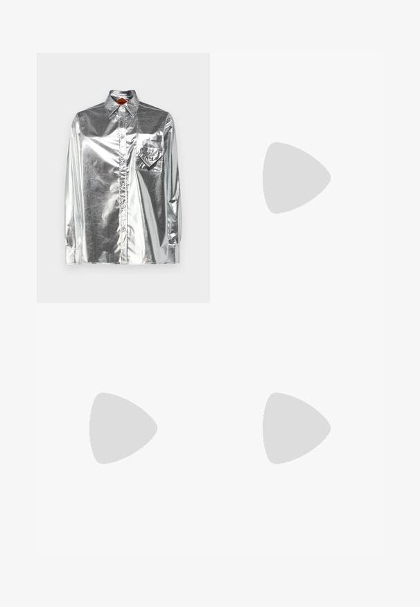 MCM METALLIC SHIRT  - Button-down blouse - silver; AERON ASTER SKIRT - Pencil skirt - black; Puffer jacket with a brown and black pattern, paired with a brown snake print mini skirt, black knee-high boots, and a small black bag.; Black leather handbag with a curved design, featuring silver studs, a buckle, and two side pockets. Adjustable strap for carrying options.