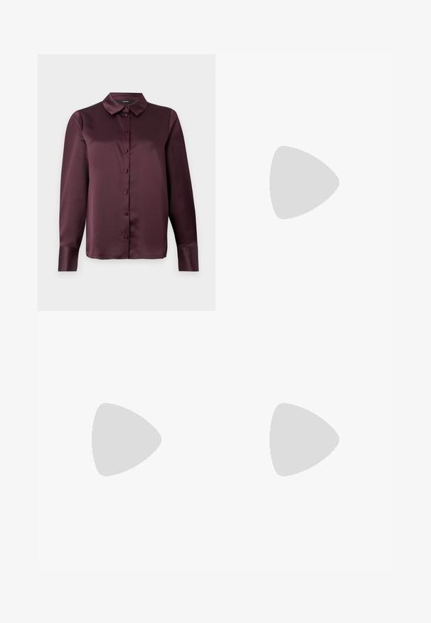 Blusa em seda bordeaux com botões, colarinho clássico, mangas longas e textura suave. Apresenta uma aba frontal com botões a condizer.; São mostrados dois tops de alças: um preto e um branco. Ambos têm alças finas e um design justo, feitos de um tecido liso e elástico.; Calças largas plissadas em cor bordeaux com cintura elástica. O tecido texturizado apresenta riscas verticais. Corte reto até à bainha.; Botas de couro pretas até ao joelho com bico pontudo e salto quadrado. Textura suave com um design elegante e detalhes de costura mínimos.