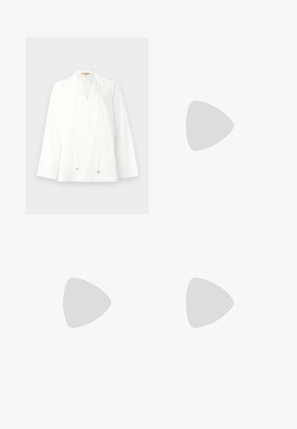 Blusa bianca in lino con scollatura a V, maniche lunghe e vestibilità ampia. Presenta lacci con piccoli dettagli metallici. Texture liscia.; Pantaloni a gamba larga in satin color crema con motivi geometrici ricamati in nero lungo l'orlo. Presentano una texture liscia e una silhouette sagomata.; Sandalo in tessuto beige con design superiore annodato e suola in juta intrecciata. Stile piatto e aperto davanti, con bordo testurizzato e intrecciato.; Borsa a mano in pelle crema a forma di mezzaluna, con accessori in oro, dettagli neri e una tracolla rimovibile. Presenta una dettagli in catena e un'etichetta.