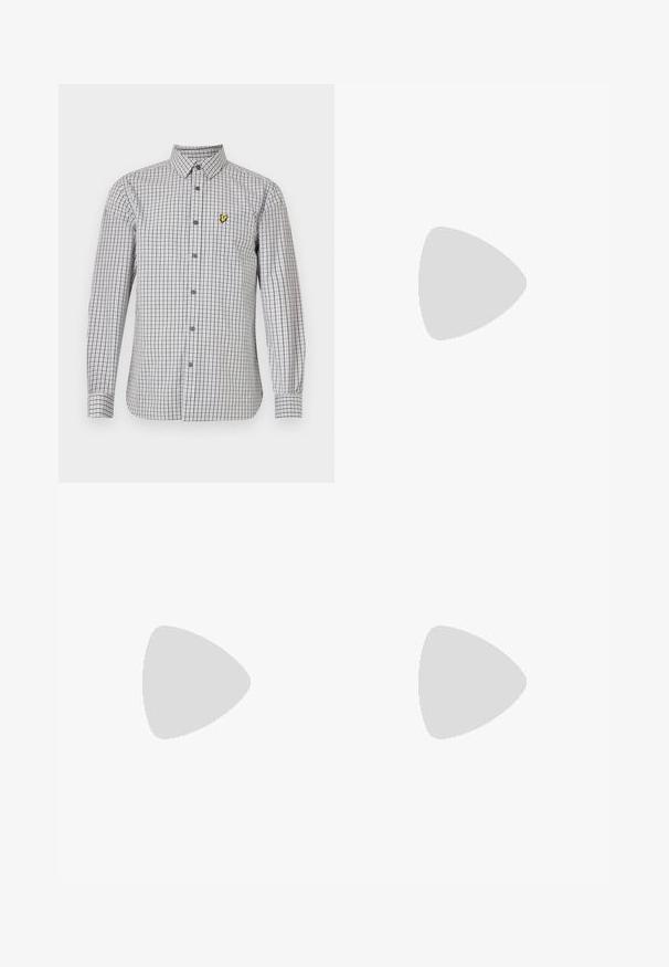 Dlouhý rukáv košile s knoflíky v kostkovaném vzoru, šedá a bílá. Na levé hrudi se nachází žluté logo, má klasický límec a manžety.; Pánská polokošile s dlouhým rukávem ve světle béžové barvě, vyrobená z hladkého materiálu, s límečkem, zapínáním na dva knoflíky a malou nášivkou loga na hrudi.; Tmavě modré džíny z denimu se střihem rovného nohavice, s oranžovým prošíváním, zipem na přední straně a předními kapsami. Hladká textury a standardní pas.; Bílé tenisky s hladkým koženým svrškem a nízkým profilem. Mají zaoblenou špičku, šest nýtů a texturovanou gumovou podrážku.