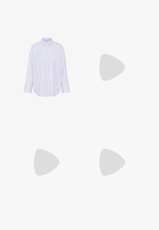 Striped button-up shirt in light blue and white, featuring a collar, long sleeves, and a relaxed fit with a curved hem.; Dark blue wide-leg jeans with a high waist, featuring belt loops, a front zipper, and subtle stitching details. Made of denim fabric.; White canvas sneakers with rubber soles, featuring six eyelets, round toe, and light stitching details, paired with white ankle socks.; Rectangular eyeglasses with a thin, rose gold metal frame. Clear lenses, transparent temple tips, and delicate detailing around the lenses.