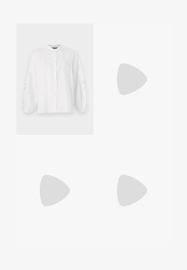Chemise en lin blanc avec un col mandarin, fermeture à boutons et manches volumineuses à fronces présentant des accents brodés sur les poignets.; Jean en denim bleu clair à jambes larges avec taille haute, dotés de poches avant, d'une fermeture à bouton et d'un motif délavé sur les jambes.; Ballerines en cuir noir avec un bout rond, texture lisse, détails de couture minimalistes et design de semelle flexible.; Sac à main en cuir marron avec une fermeture à rabat, des accents en métal doré, une bandoulière et une texture lisse. Forme rectangulaire compacte.