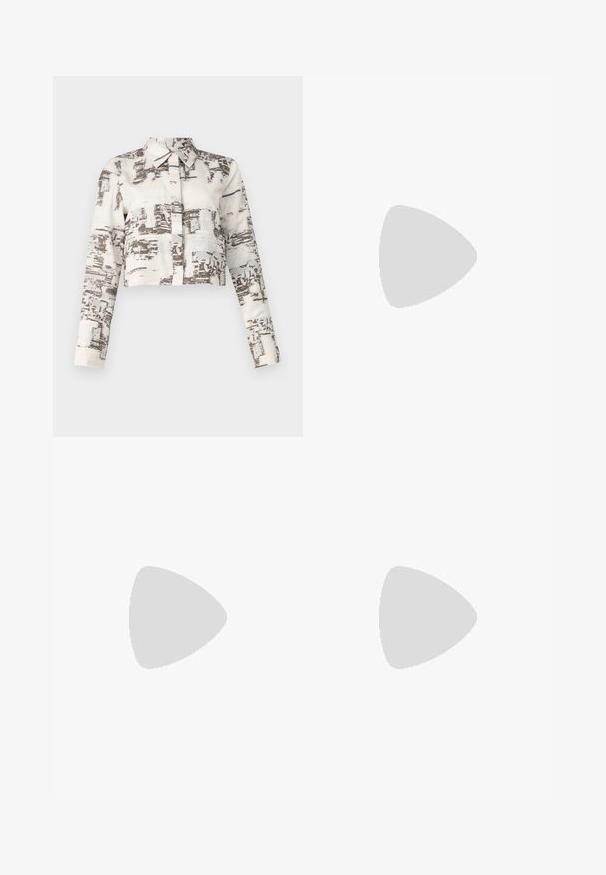 Cropped button-up shirt with long sleeves, featuring a beige fabric decorated with abstract brown patterns. Includes a traditional collar.; Black flared pants made of a stretchy material with a smooth texture, featuring seam details along the front for added design.; Black patent leather slingback high-heeled shoes with a pointed toe, adjustable strap, and chunky rectangular heel.; White leather handbag with a curved shape, featuring an embossed "CK" logo on the front and a single shoulder strap. Zipper closure at top.