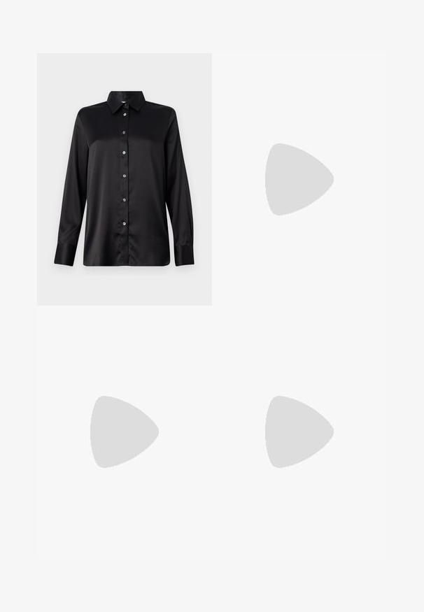 Black satin long-sleeve shirt with a collared neckline, front button closure, and single-button cuffs. Smooth texture with a slightly relaxed fit.; Cropped white t-shirt made of soft fabric, featuring short sleeves, a round neckline, and ribbed hem details. Simple and unembellished design.; Black trousers made from smooth fabric featuring a high waist, wide legs, front pleats, and classic belt loops. No side pockets visible.; Black patent leather slingback pump with pointed toe, slim heel, and a subtle cutout design. Features a gold buckle on the strap.